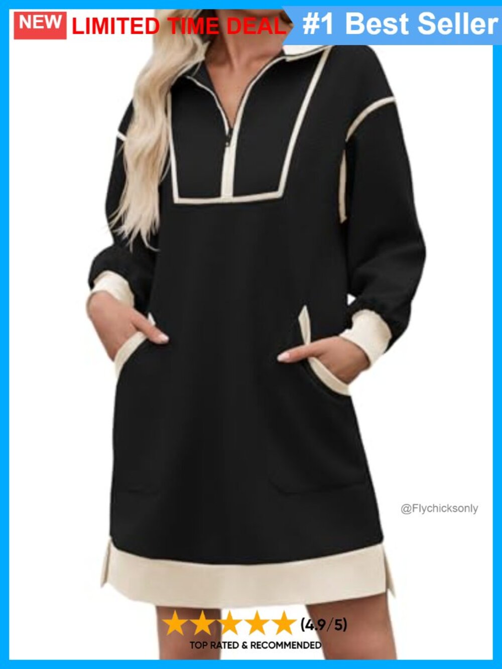 Half Zip Sweatshirt Mini Dress V Neck Long Sleeve Oversized Casual A-Line